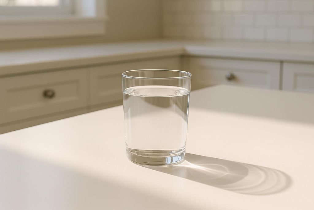 A singular clear glass of water on a sunlit counter.