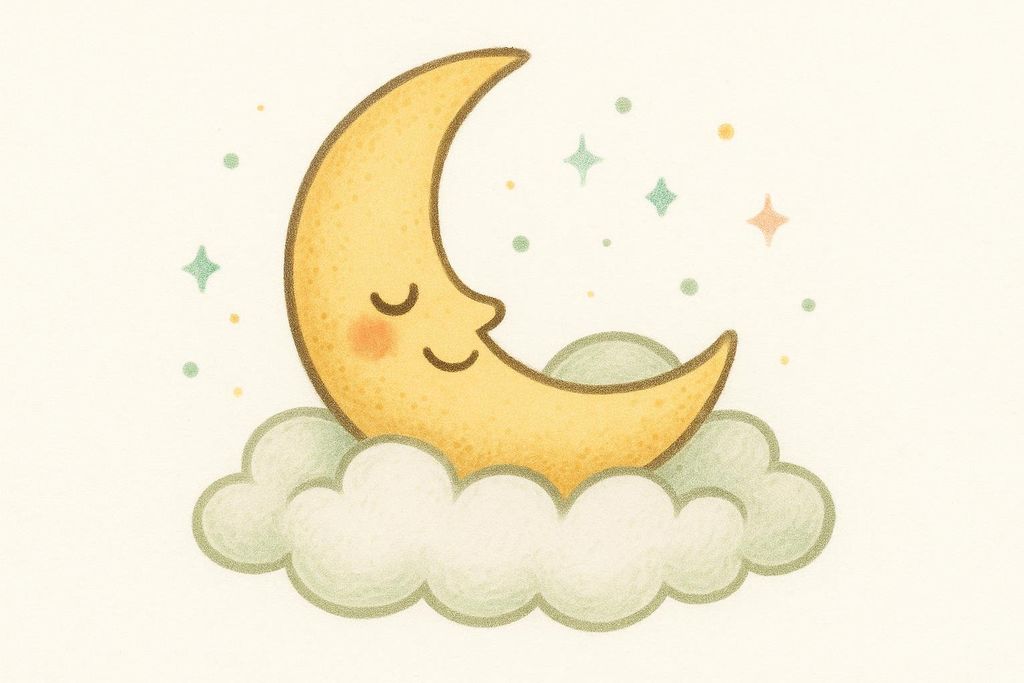 An illustration of a yellow crescent moon with a sleeping face nestled on a soft, light green and white cloud. Small teal and orange starbursts, along with various sized dots in complementary colors, float around the moon and cloud, suggesting a dreamy or tranquil atmosphere.