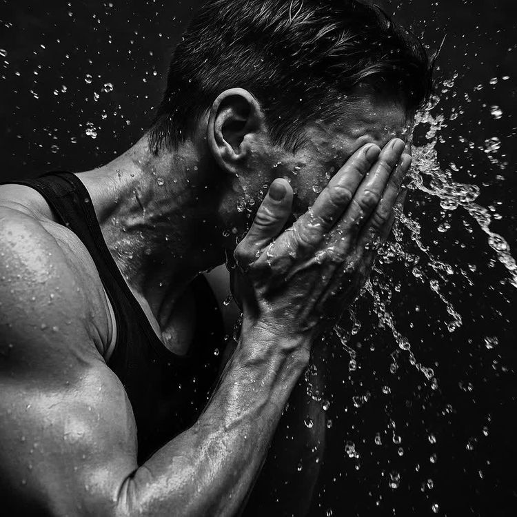 A black and white image of a man in a black tank top splashing water on his face with both hands, with water droplets suspended in the air around him. His arms and neck show prominent veins and muscles, suggesting exertion or a refresh after a workout.