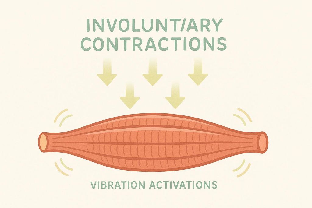 An abstract illustration depicting a muscle fiber experiencing vibrations, leading to involuntary contractions. The text 'VIBRATION ACTIVATIONS' is below the muscle, and 'INVOLUNTARY CONTRACTIONS' is above, with arrows pointing from the contractions to the muscle.