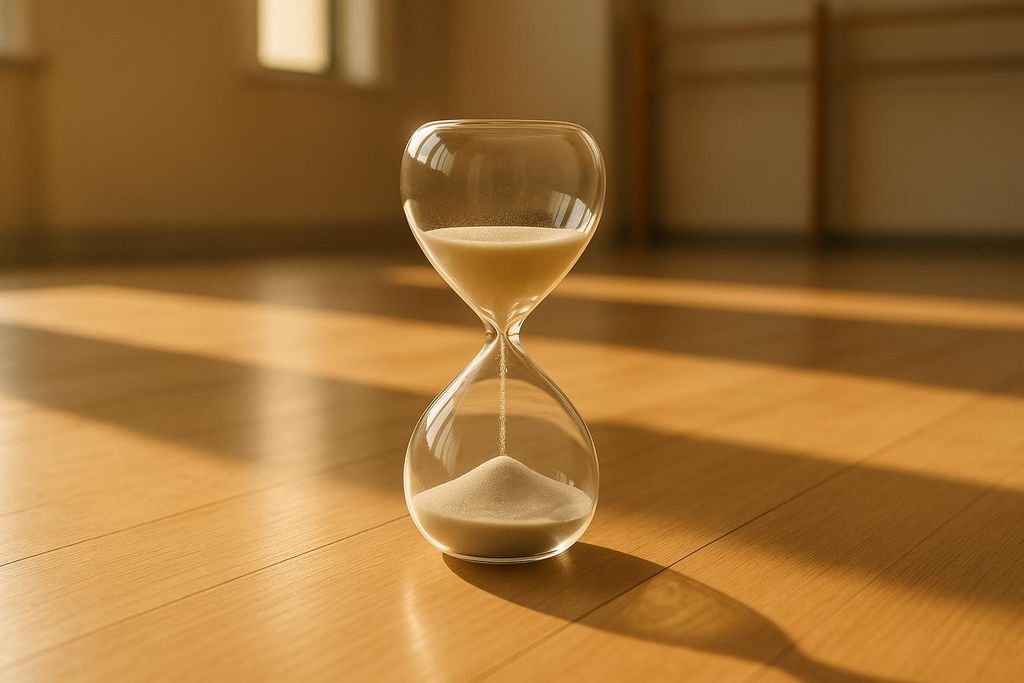 A clear glass modern hourglass with light colored sand flowing from the top chamber to the bottom. It sits on a polished wooden floor, with sunlight casting shadows across the floor.