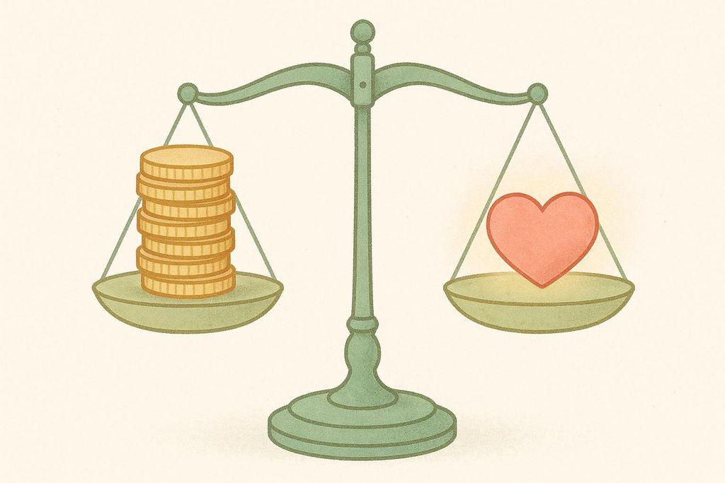 An illustration of a balance scale with a stack of gold coins on the left pan and a gleaming red heart on the right pan, representing a cost-benefit analysis where money (cost) is weighed against health or well-being (benefit).