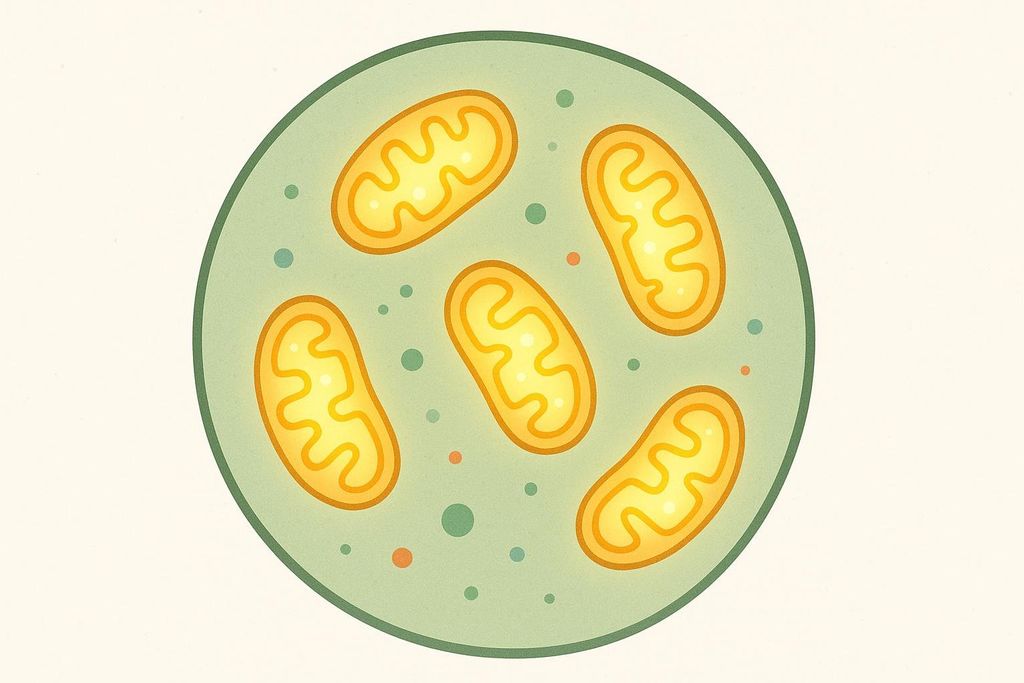 Abstract biological illustration showing mitochondria inside a muscle cell
