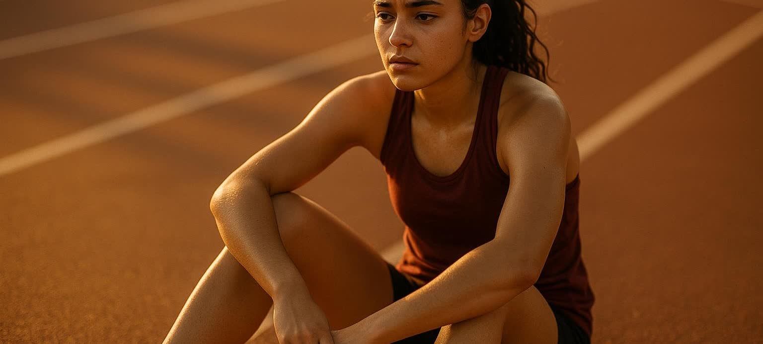 A tired female athlete wearing a maroon tank top and black shorts rests on a brown track during sunset, with warm light illuminating her face and arms.