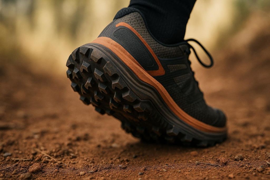Close up of a shoe gripped firmly on a trail