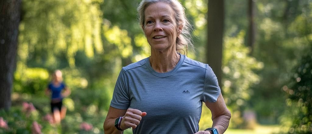 A woman with blonde hair smiles as she runs in a park on a sunny day. She wears a grey t-shirt and a fitness watch.