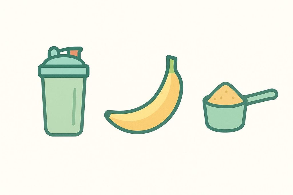 Icons for a protein shaker bottle, a banana, and a scoop of colostrum powder. These represent components of a recovery meal or snack.