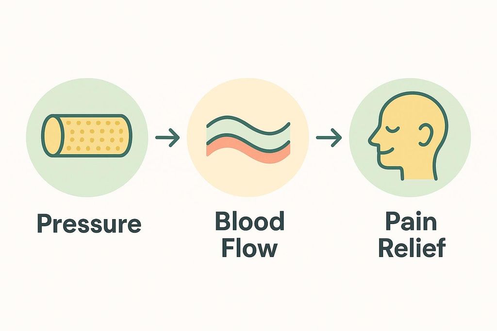 Flow diagram showing the three steps of myofascial release: Pressure, depicted by a band-aid icon; Blood Flow, depicted by a wavy lines icon; and Pain Relief, depicted by a smiling head icon. Arrows connect these steps in sequence.