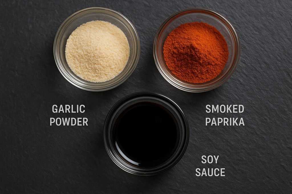 Overhead shot of three small glass bowls on a dark slate surface. The top left bowl contains light yellow garlic powder, the top right bowl contains reddish-orange smoked paprika, and the bottom bowl contains dark brown soy sauce. Each ingredient is labeled with white text next to its bowl.