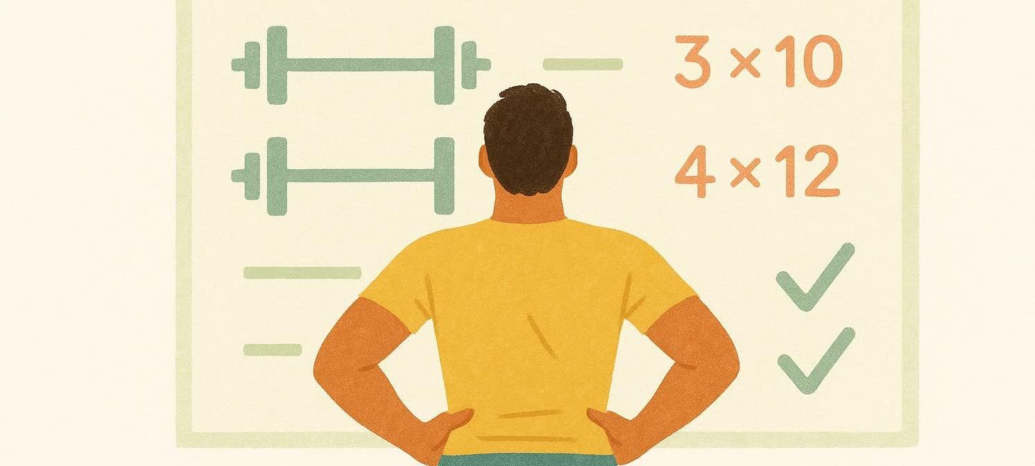 Illustration of a person seen from behind, confidently reviewing a workout plan. The plan includes dumbbell icons, sets and repetitions (3x10, 4x12), and green checkmarks, indicating readiness to start an exercise routine.