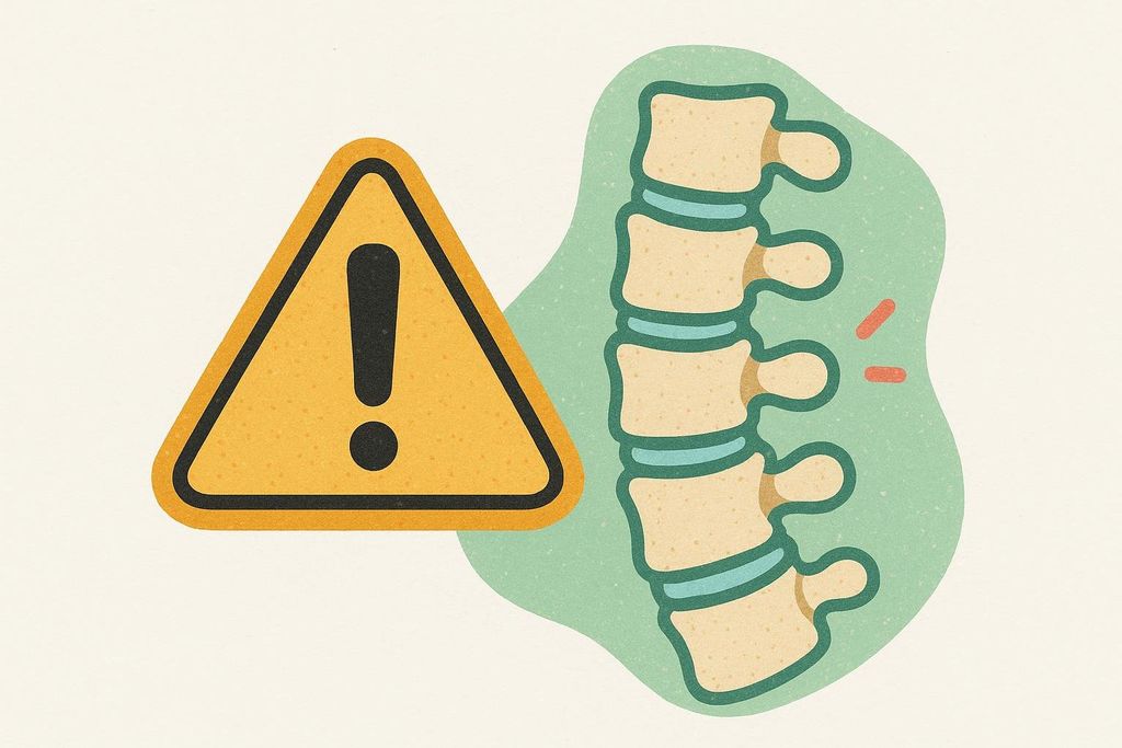 An illustration depicting a yellow triangular warning sign with an exclamation mark next to a stylized image of the human spine, with red dashes near the lower vertebrae indicating pain or injury, all against a light background.