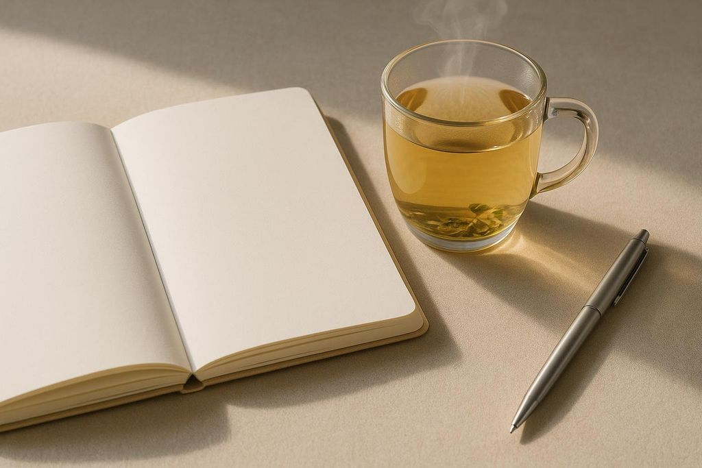 A blank notebook open with a pen next to herbal tea