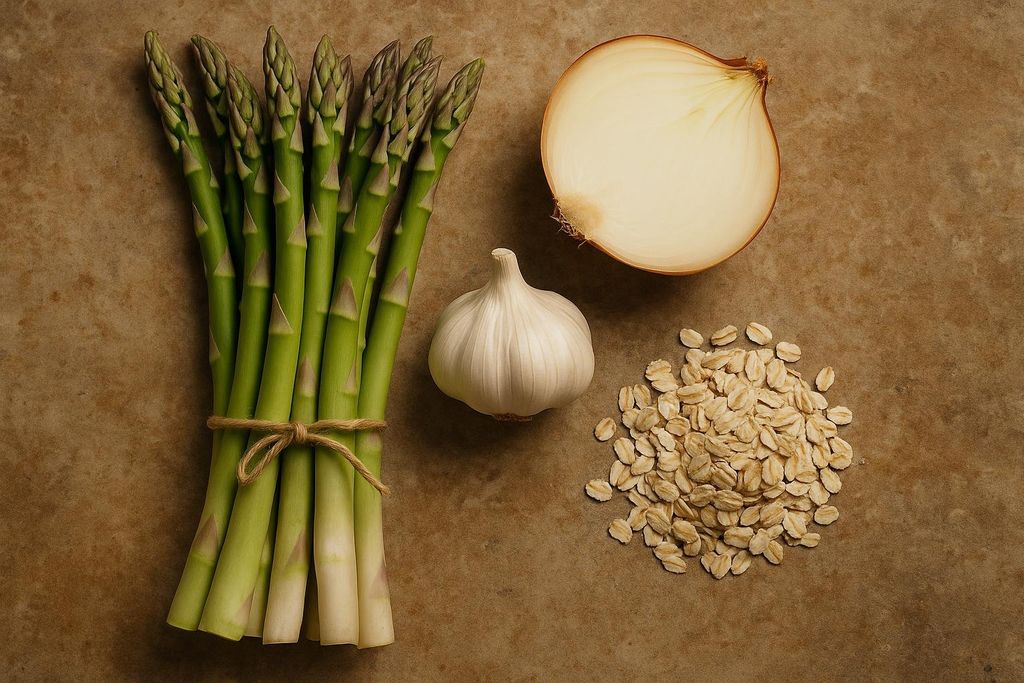 A flat-lay photograph of prebiotic-rich foods, including a tied bunch of green asparagus, a whole head of garlic, half an onion, and a small pile of rolled oats, all arranged on a rustic brown surface.