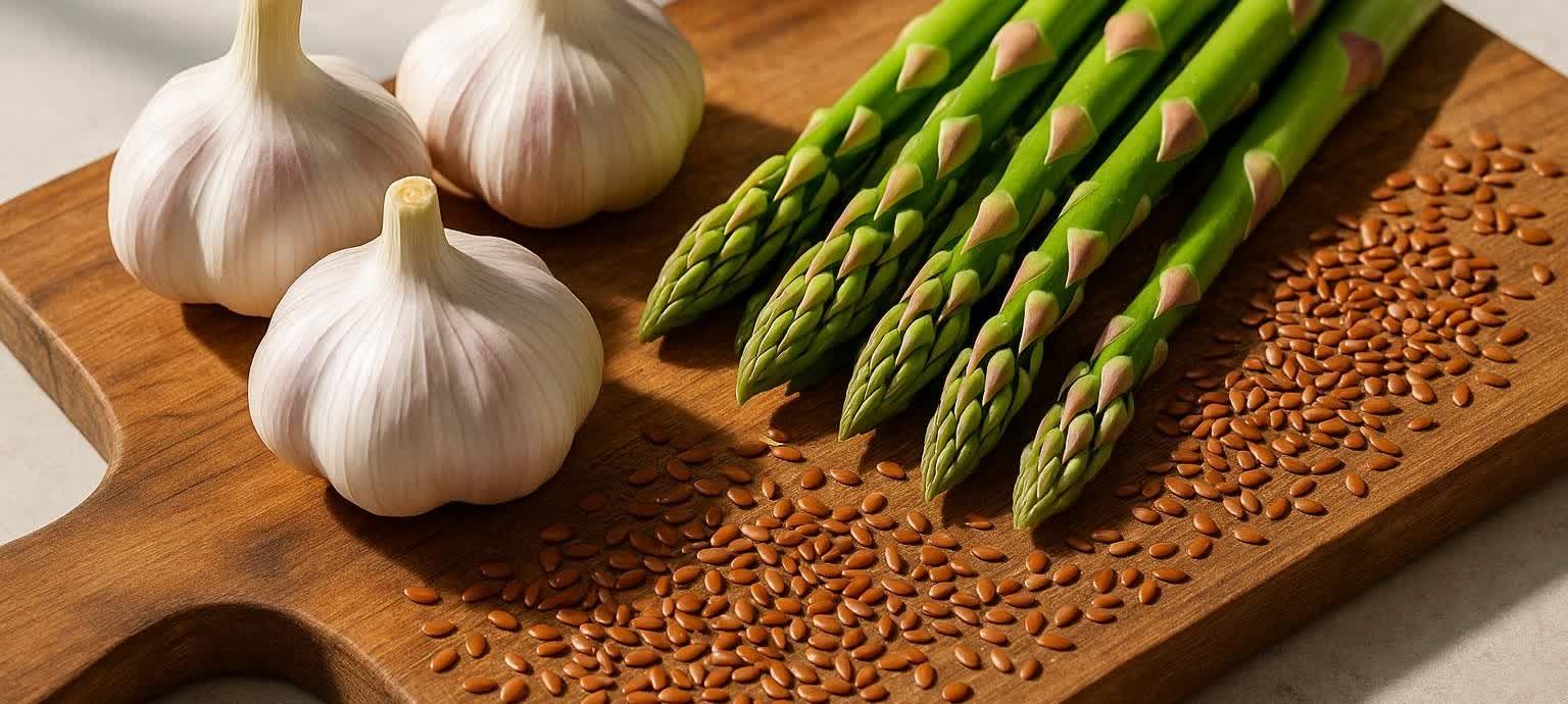 Close-up of three bulbs of garlic, several green asparagus spears, and a scattering of brown flaxseeds on a rustic wooden cutting board.