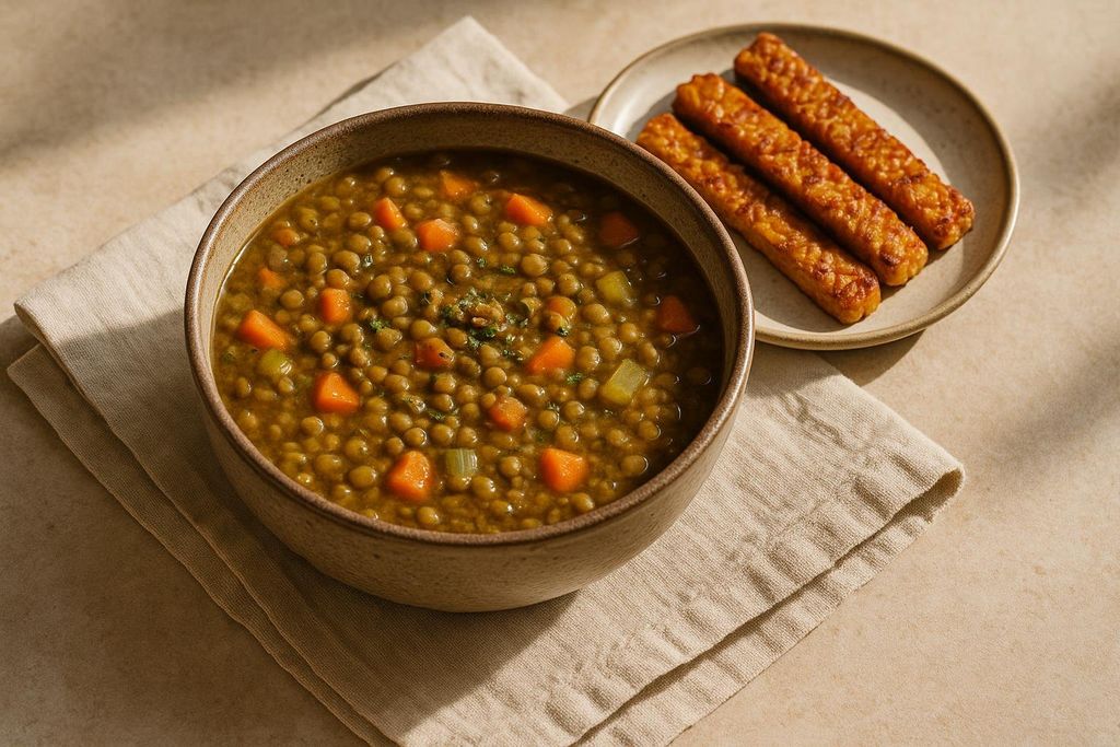 A close-up shot of a bowl of lentil soup with carrots and celery, next to a plate of three crispy tempeh strips. The meal is presented on a light-colored linen napkin.