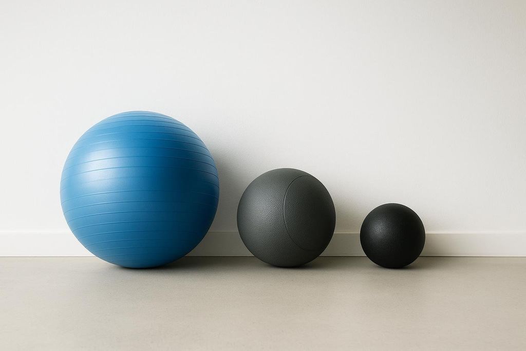 A blue stability ball, a gray medicine ball, and a black slam ball, all varying in size, are lined up in a gym setting against a white wall.