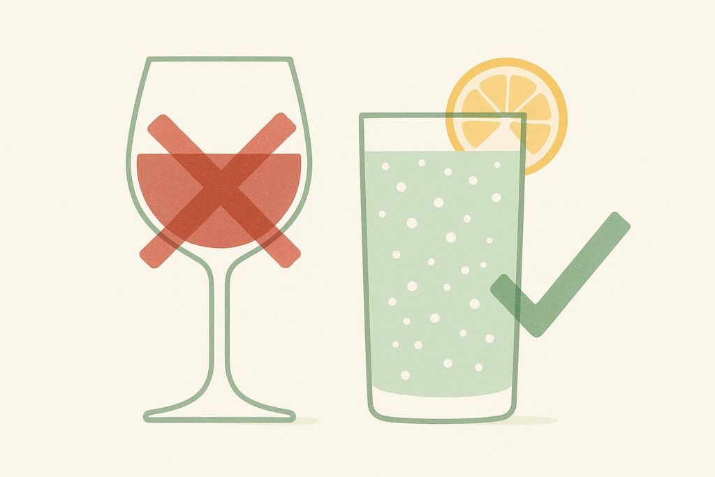 An illustration showing a wine glass crossed out and a glass of water with a checkmark, encouraging zero-alcohol swaps. The wine glass contains red liquid with a red 'X' over it, while the water glass contains a light green liquid with white bubbles, a lemon slice on the rim, and a green checkmark.
