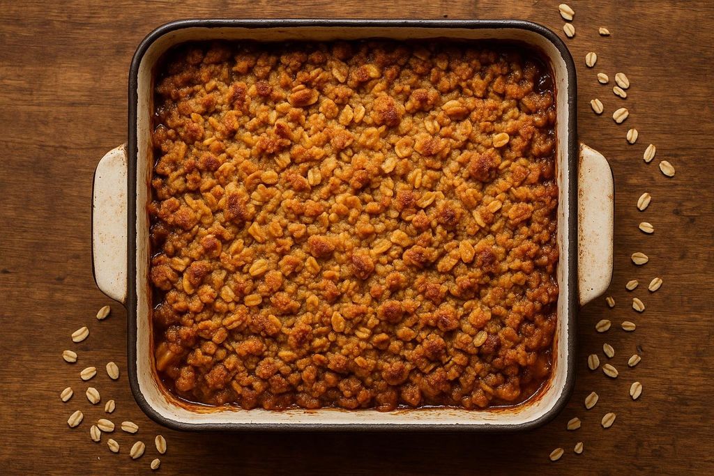An overhead shot of a freshly baked apple crisp in a white and black baking dish, featuring a golden-brown oat topping with a bubbly fruit filling visible around the edges, set on a rustic wooden surface with scattered oats.