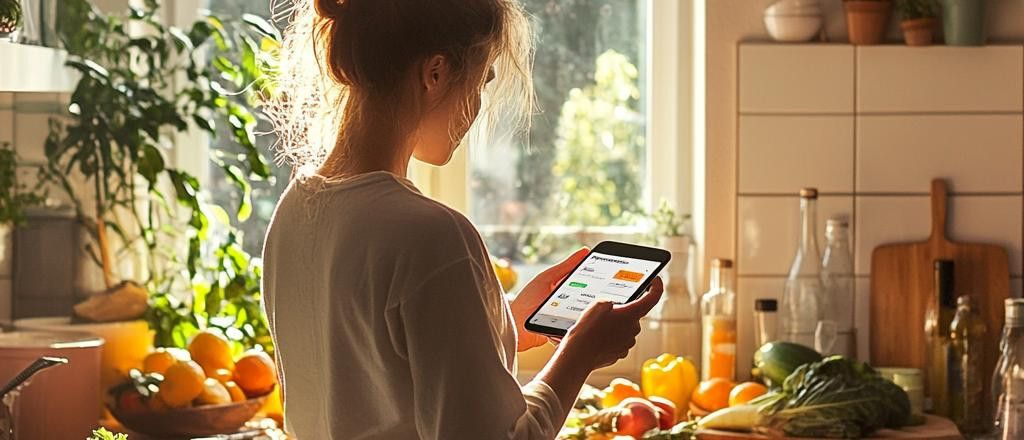 A woman stands in a kitchen filled with sunlight and fresh vegetables, looking at a phone in her hands.