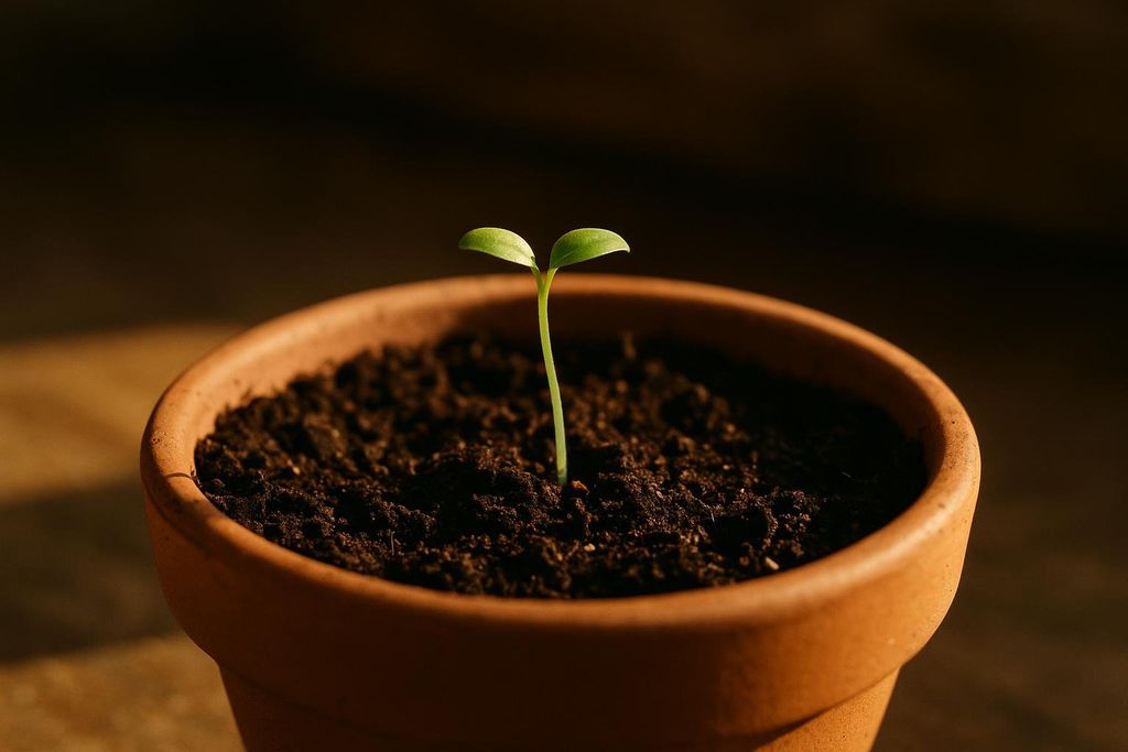 A tiny, bright green seedling with two leaves emerges from dark brown soil in a terracotta pot, illuminated by warm sunlight from the left.