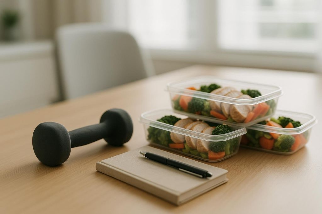 A desk with a dumbbell for exercise, meal prep containers filled with chicken, broccoli, and carrots, and a closed notebook with a pen, illuminated by soft daylight.