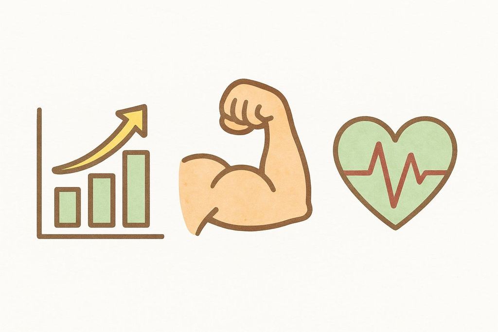 Icons for a progress chart, strength, and heart health, showing the multiple ways to track progress beyond the scale.
