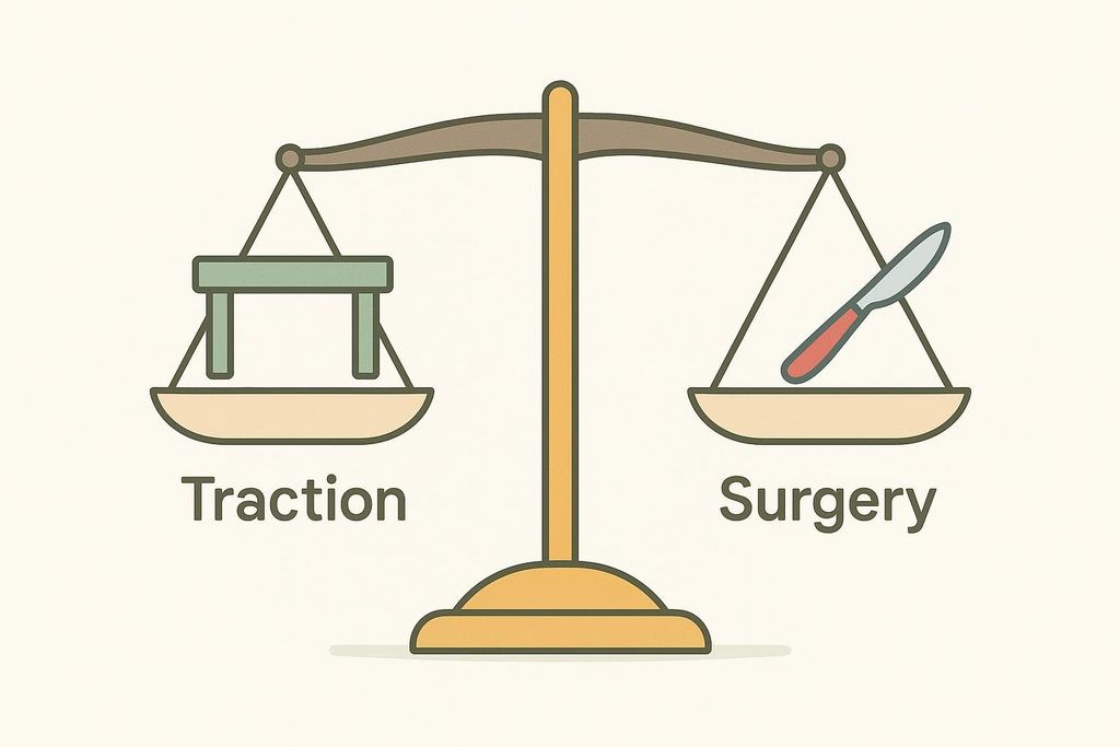 An illustration of a balance scale with 'Traction' represented by a support frame on the left pan and 'Surgery' represented by a scalpel on the right pan. Both sides appear to be equally weighted.