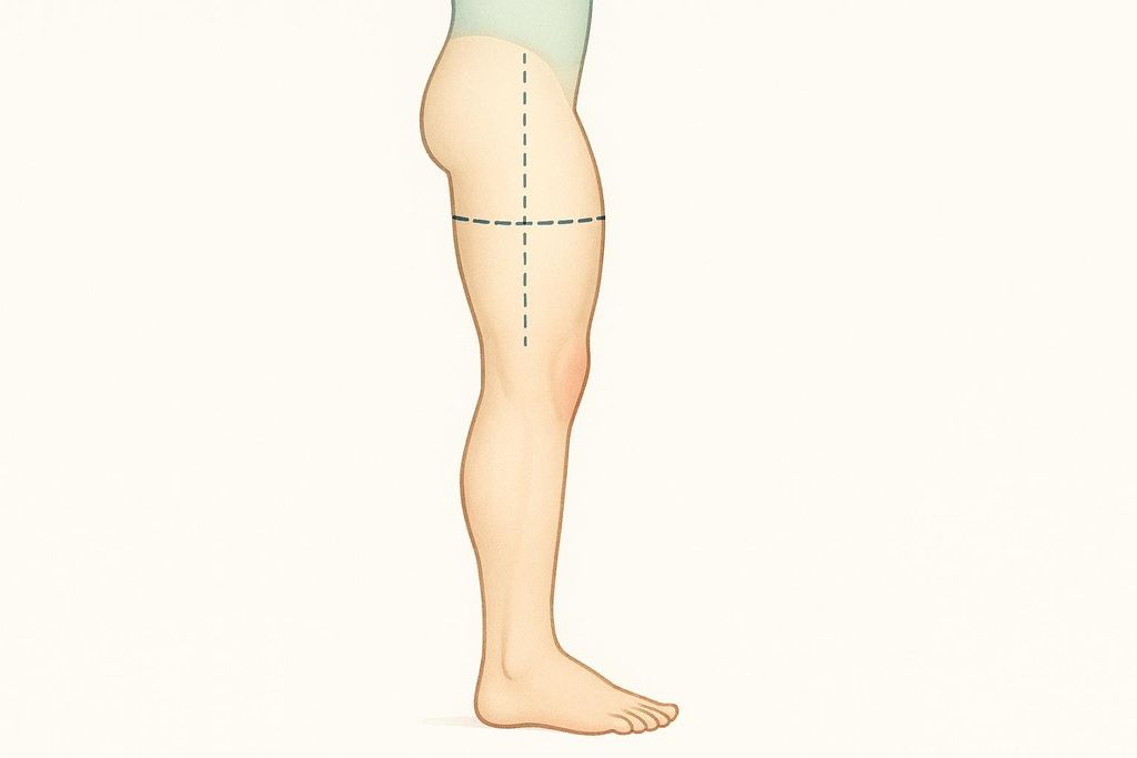 An illustration showing a human leg from the hip down to the foot. Dashed lines indicate how to find the midpoint of the thigh, with a horizontal line crossing the thigh at its center and a vertical dashed line extending from the hip to the knee.