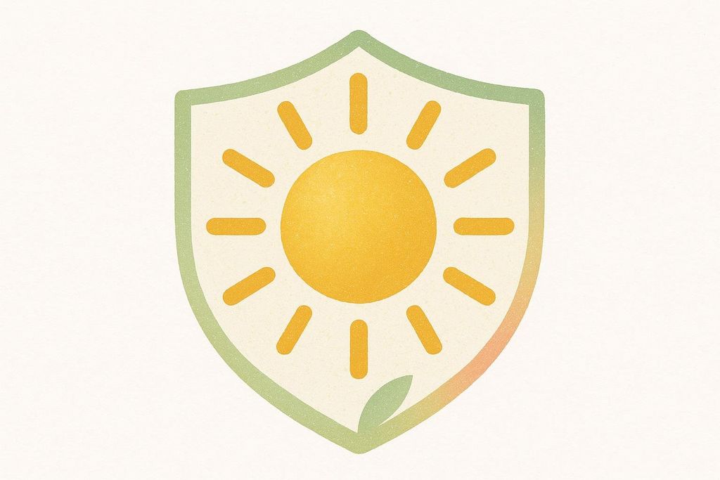 An icon featuring a bright yellow sun with rays inside a light green and peach gradient shield. A tiny green leaf is at the bottom right of the shield.