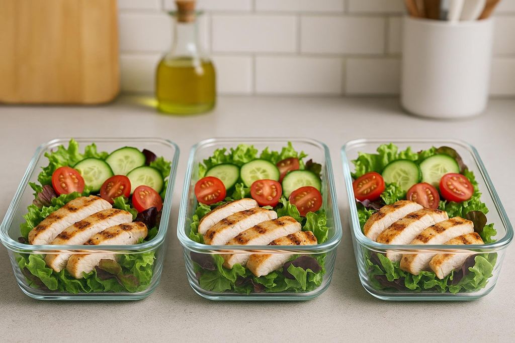 Three glass meal prep containers filled with healthy chicken salads, consisting of grilled chicken breast slices, mixed green lettuce, cucumber slices, and halved cherry tomatoes, arranged on a light-colored kitchen counter.