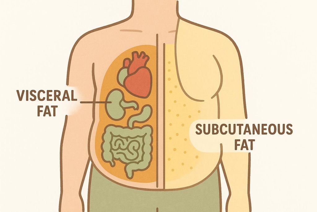 Illustration comparing visceral fat surrounding organs and subcutaneous fat under the skin in a torso cross-section.