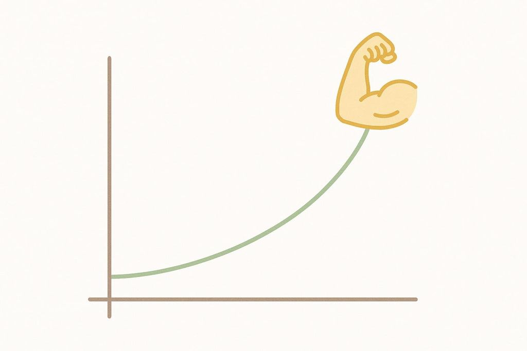 A minimalist line graph with brown axes and a green upward curving line. The line terminates in a yellow flexing bicep icon, symbolizing increasing strength or fitness progress over time.