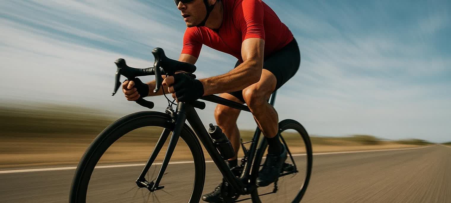 A low-angle shot of a male cyclist in red and black gear, intensely pedaling a black road bike quickly down an open highway. Motion blur in the background emphasizes the speed.