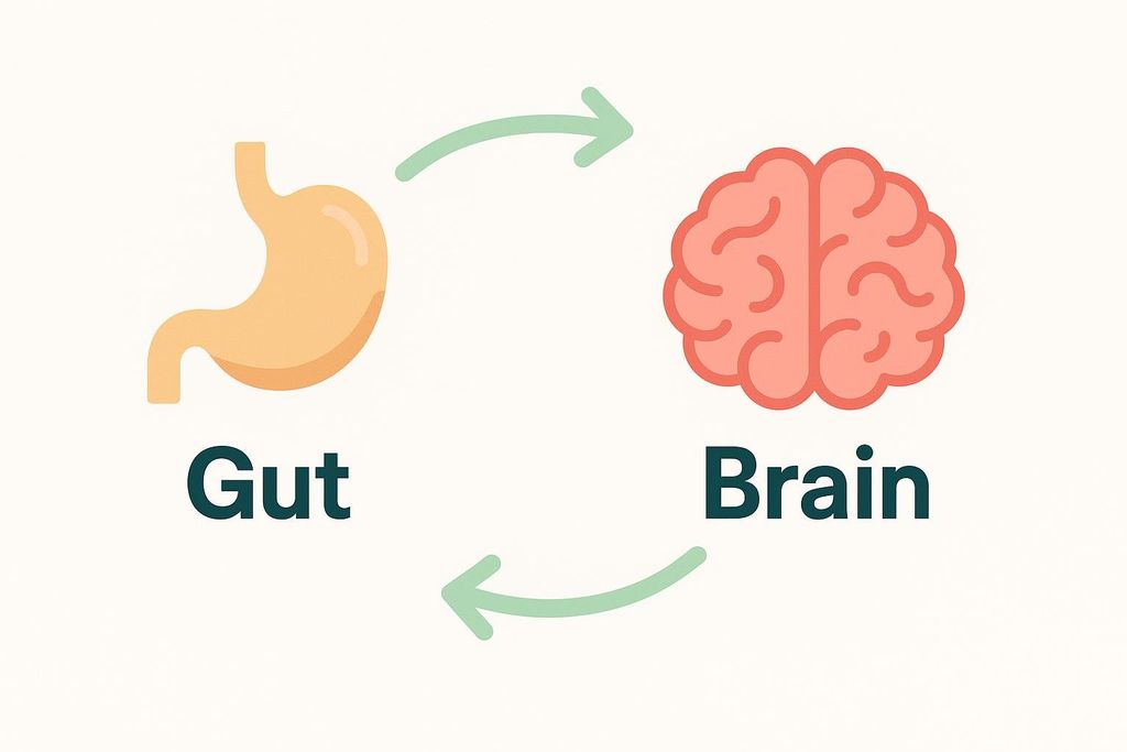 A simplified diagram illustrating the gut-brain axis. An orange stomach icon labeled 'Gut' is on the left, and a pink brain icon labeled 'Brain' is on the right. Two green looping arrows connect them, one pointing from gut to brain and another from brain to gut, symbolizing a bidirectional relationship.