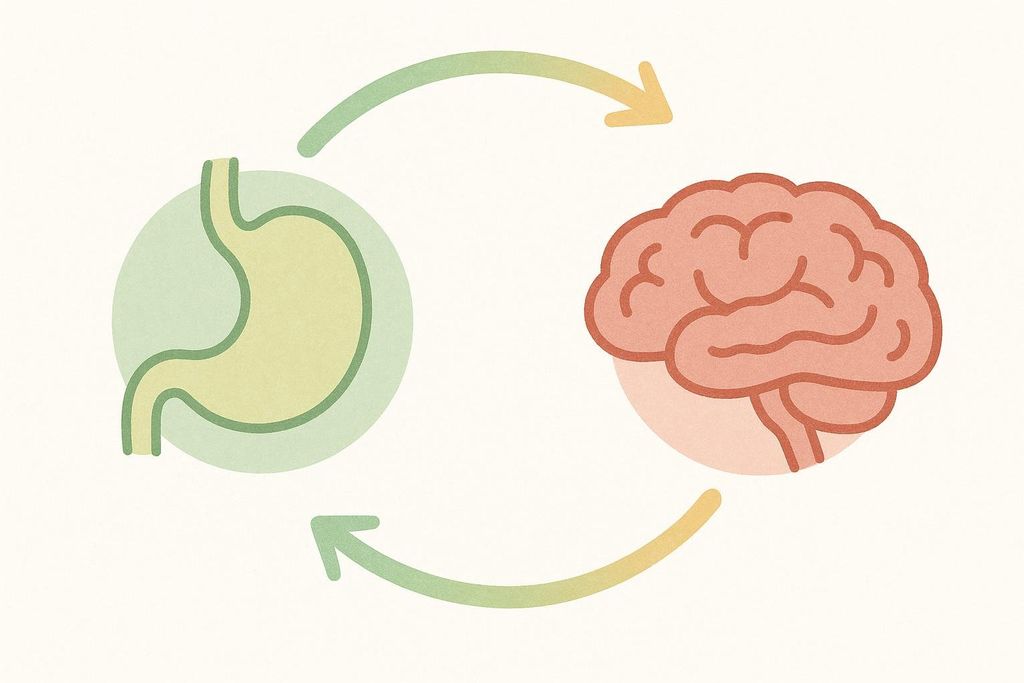 An illustration showing a stomach icon pointing to a brain icon with an arrow, and the brain icon pointing back to the stomach icon with another arrow. This symbolizes the feedback loop of hunger signals between the stomach and brain.