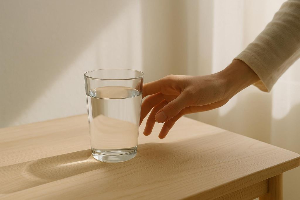 A minimalist photo of a hand reaching for a glass of water on a light wooden table, with soft light and shadows emphasizing hydration.