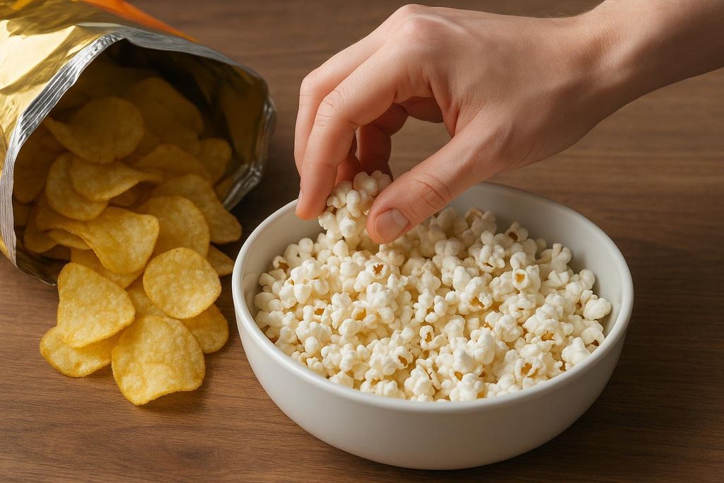 A hand reaches into a white bowl of fluffy white popcorn, leaving behind an open bag of golden potato chips spilled on a wooden surface, indicating a healthier snack choice.