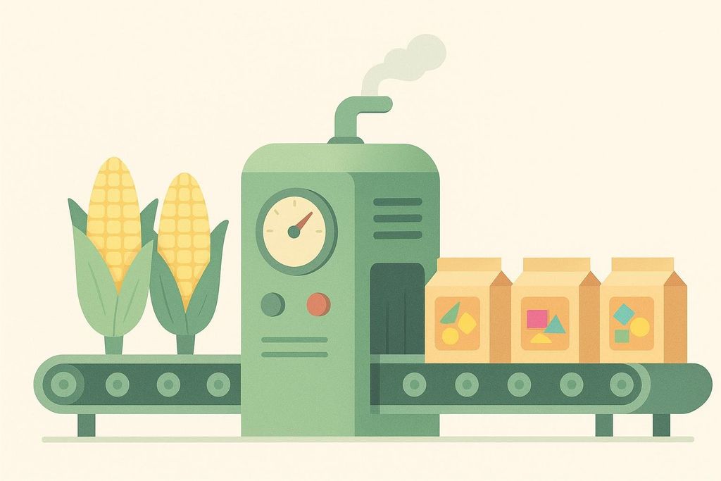 An illustration showing a green factory machine with a gauge, transforming two ears of corn on a conveyor belt into three packaged boxes of snacks, implying food processing or the creation of artificial food products.