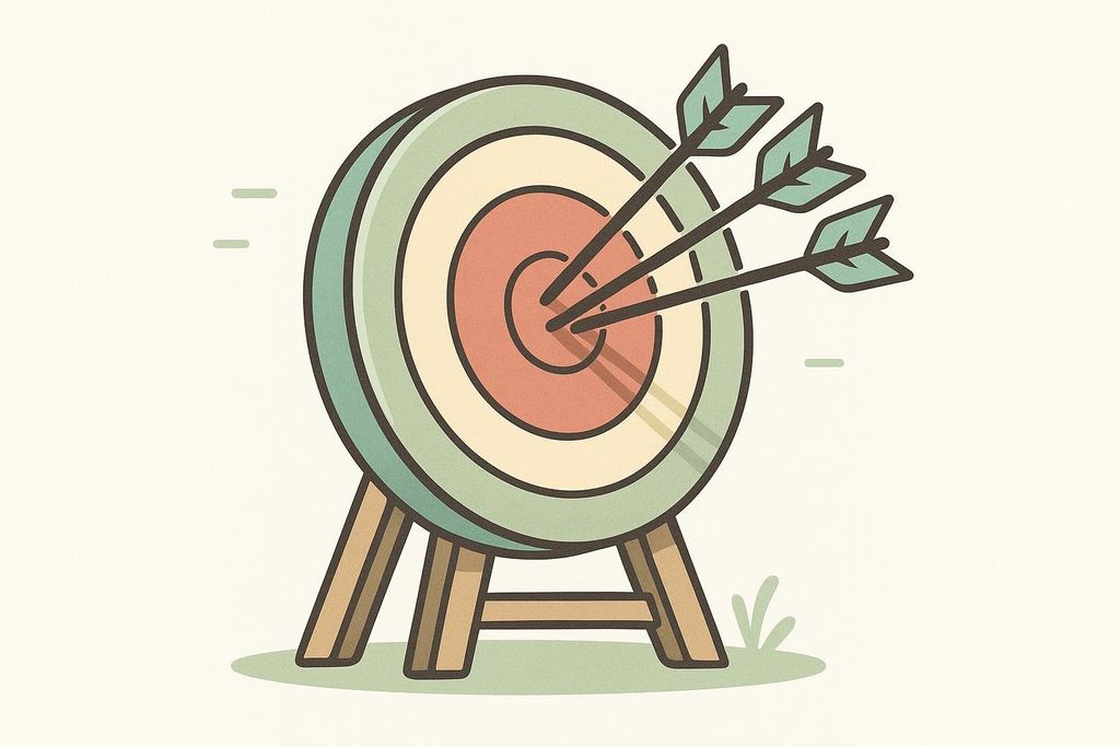Illustration of three arrows hitting the center of a bullseye target on a stand, symbolizing accuracy or precision.