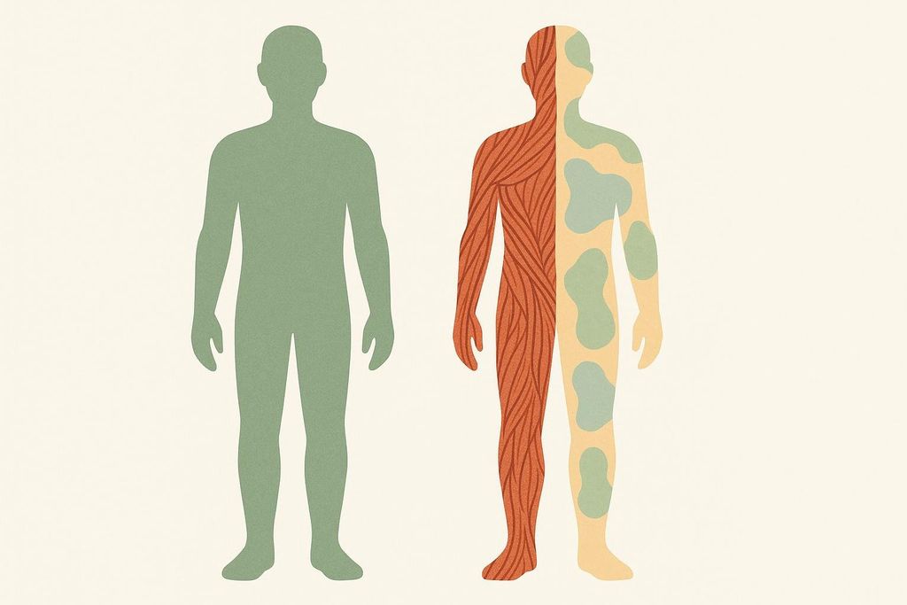 An illustration comparing a plain green human silhouette on the left with a silhouette on the right that depicts the body's internal structure; the right half shows red muscle fibers, and the left half shows yellow skin with scattered green patches.
