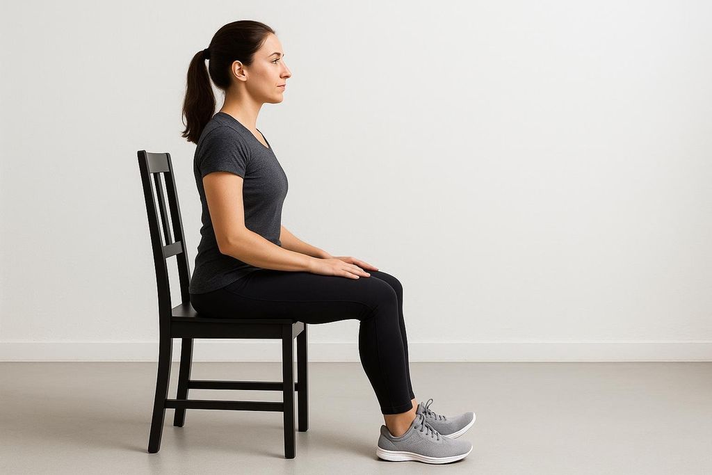 Side view of a woman with good posture sitting on a black chair, wearing a grey t-shirt, black leggings, and grey athletic shoes, with her heels on the ground. She is in the starting position for a seated calf raise.