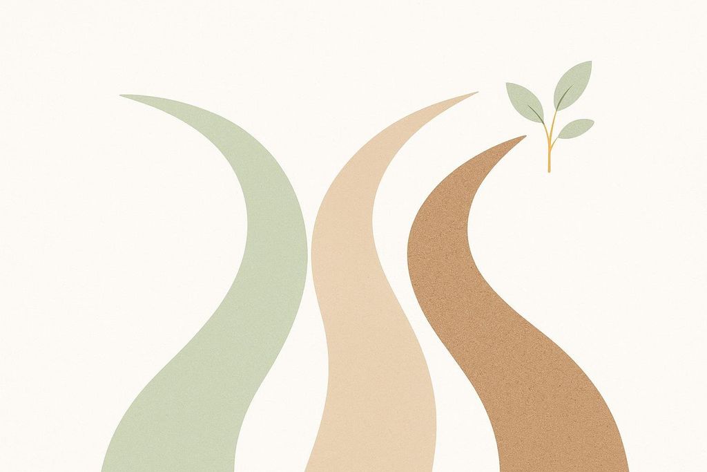 An abstract illustration featuring three diverging, wavy paths in shades of green, beige, and brown, with a small green plant sprouting from the end of the rightmost path, set against a light cream background.