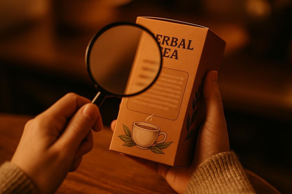 A person carefully examining a box of herbal tea with a magnifying glass, symbolizing checking ingredients and product information.