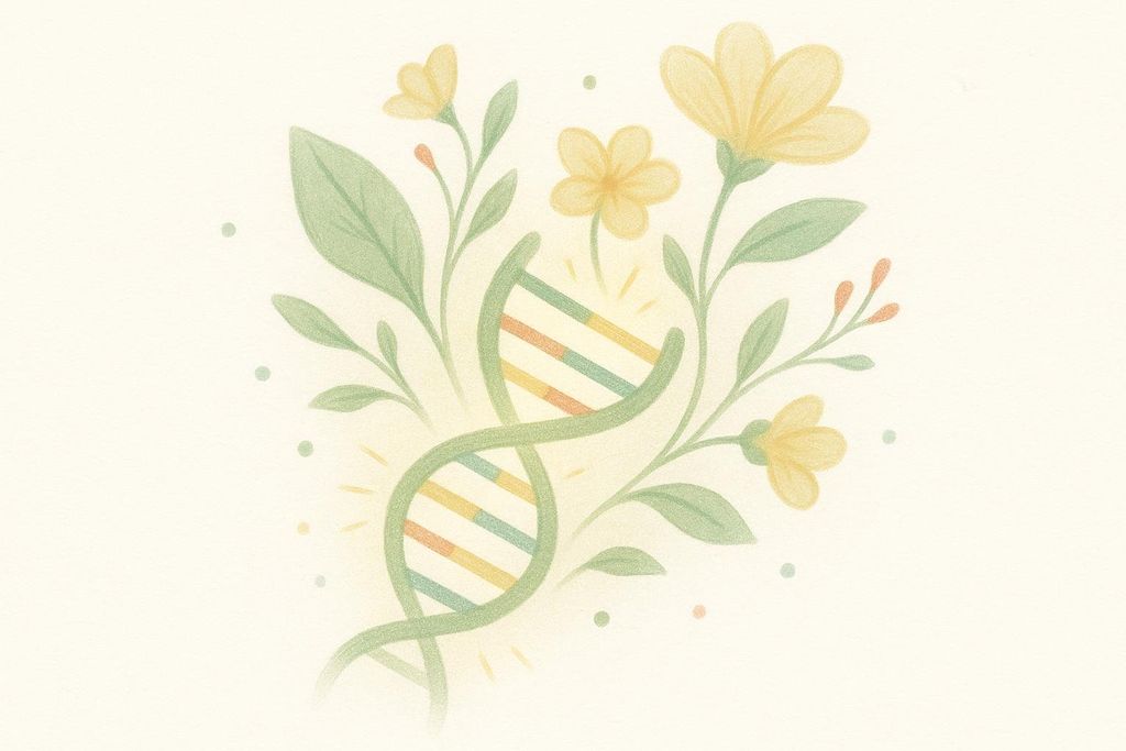 An illustration of a double helix DNA strand intertwined with green vines and leaves, with yellow flowers blooming around it. The background is a soft, light cream color with a subtle texture.