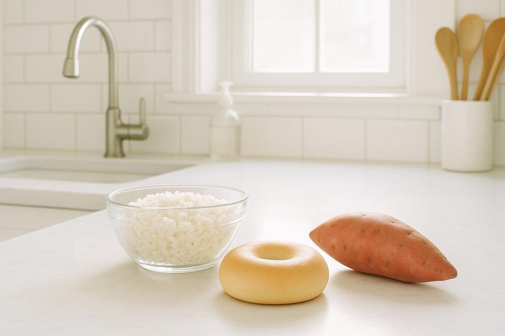 A bowl of white rice, a plain bagel, and a sweet potato sit on a white kitchen counter. In the background a silver faucet and white subway tile backsplash are visible.