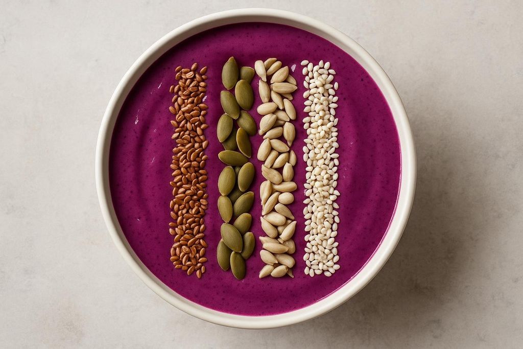 A vibrant purple berry smoothie bowl topped with four neat vertical lines of different seeds: flaxseeds, pumpkin seeds, sunflower seeds, and sesame seeds.