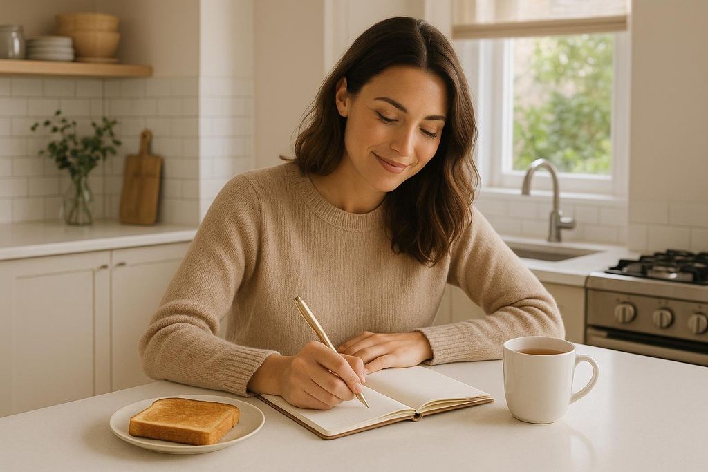 A woman with a calm expression writes in a journal with a gold pen. Next to her are a slice of plain toast on a plate and a mug of tea, all set on a light-colored kitchen counter.