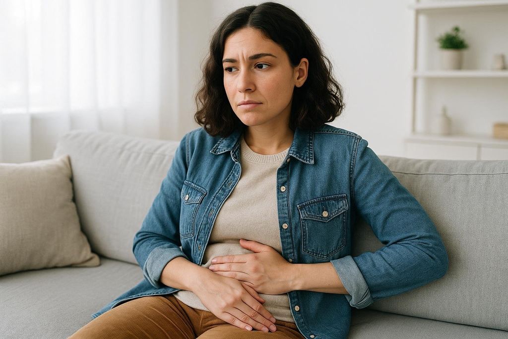 A woman holding her stomach in discomfort, likely experiencing symptoms like bloating or an upset stomach, while sitting on a light-colored couch.