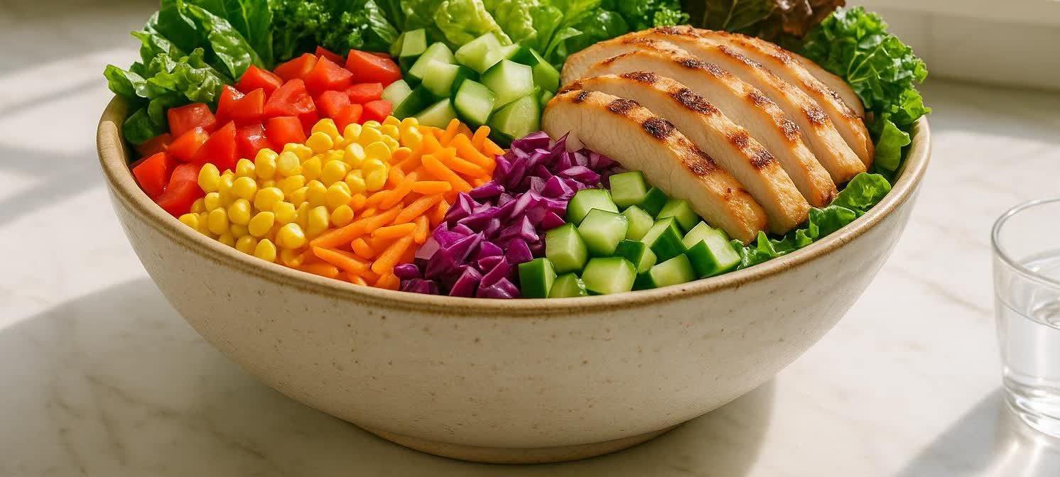 A large bowl filled with various colorful vegetables arranged in neat sections alongside slices of grilled chicken. The vegetables include red diced tomatoes, yellow corn kernels, orange shredded carrots, purple chopped cabbage, and green diced cucumbers, all on a bed of fresh lettuce. A glass of water is visible in the background.