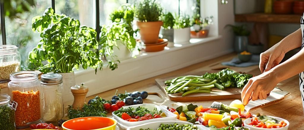 Vegetables and jars of grains on a kitchen countertop with someone cutting vegetables.